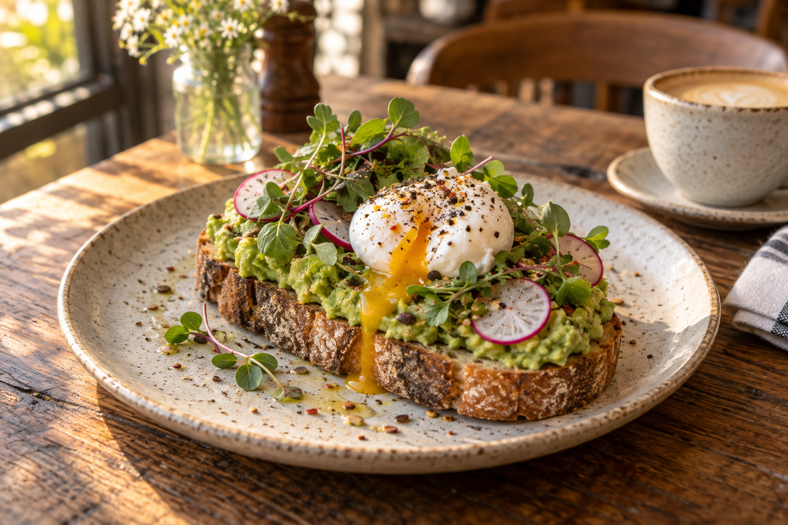 Tartine de déjeuner avec avocat, œuf et légumes frais