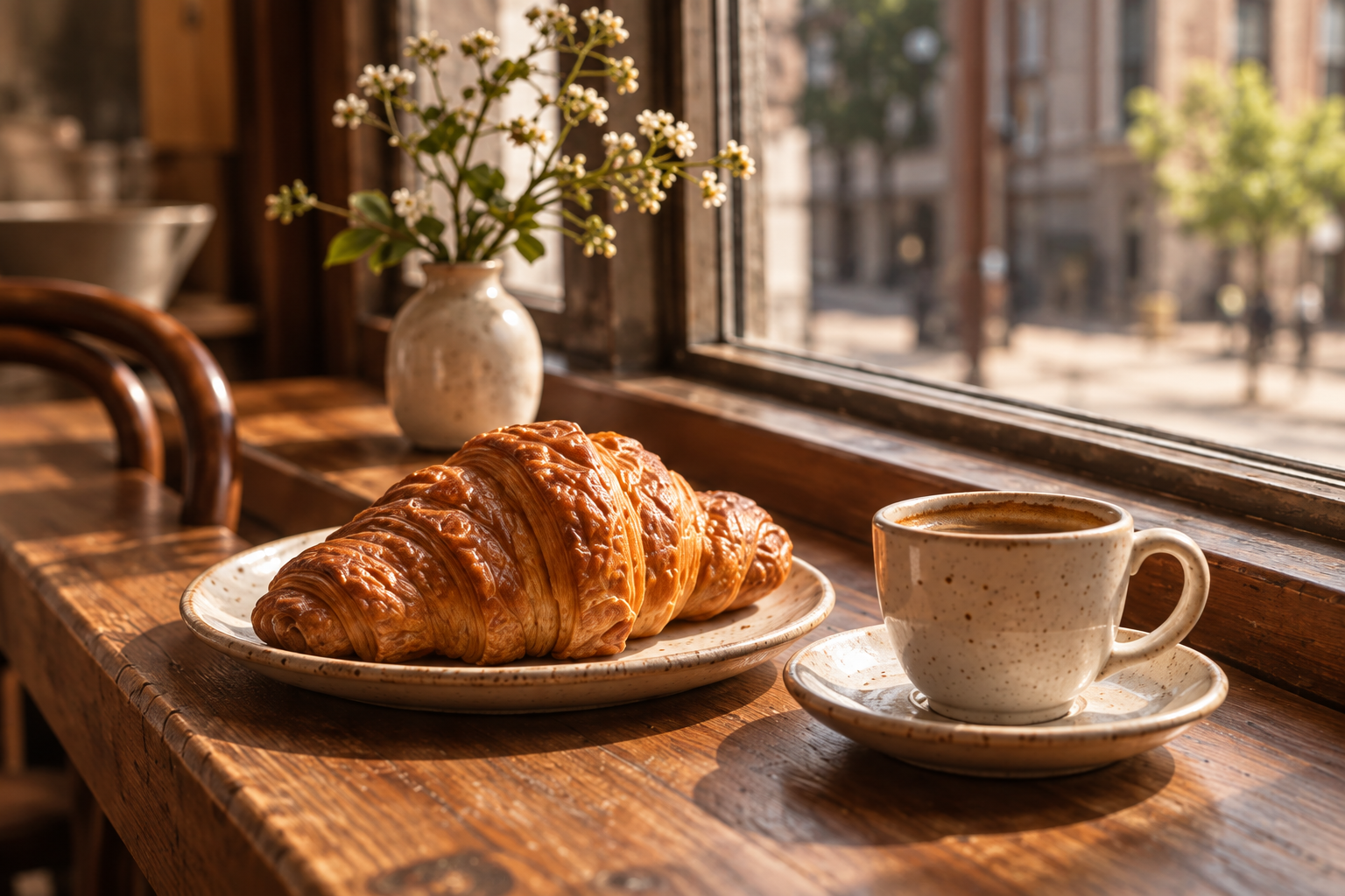 Croissant doré et café dans une tasse en céramique, au soleil près de la fenêtre